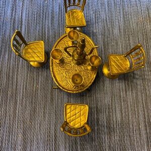 Vintage Minuature Brass Dining Room set table and four chairs, 4 cups and a jug.